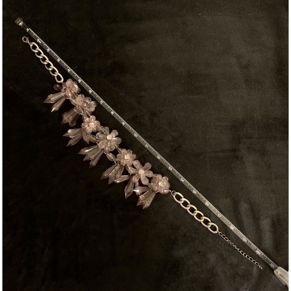 Flower Statement Necklace Smoky Acrylic Rhinestone Gunmetal Bold Floral - Picture 4 of 6